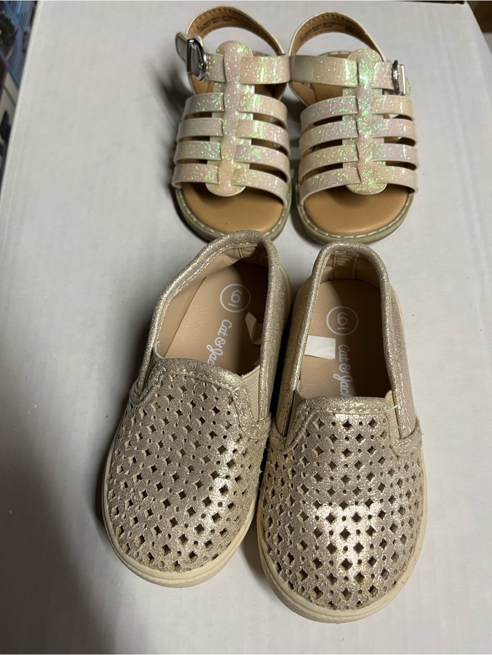Cat & Jack Girls' Gold Glitter Slip-Ons and Sparkle T-Strap Sandals